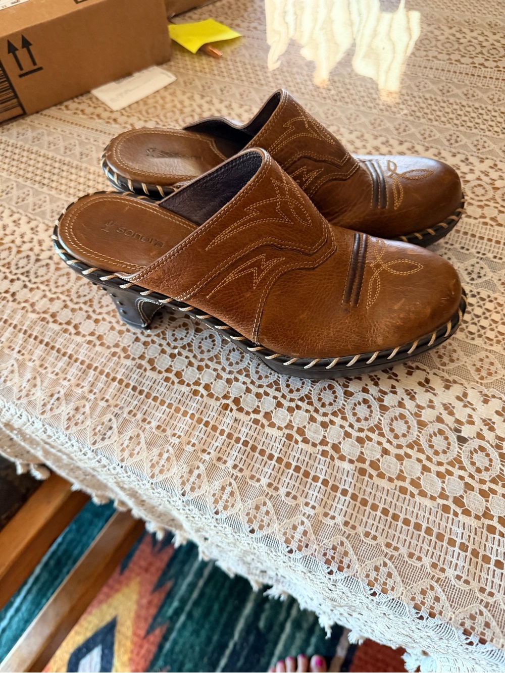 Brown Leather Slip-On Clog Mules